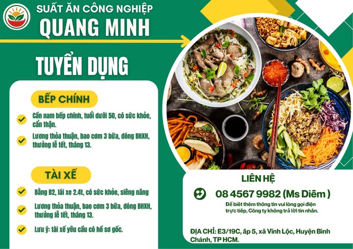 TUYỂN DỤNG GẤP – ĐẦU BẾP SUẤT ĂN CÔNG NGHIỆP HỒ CHÍ MINH